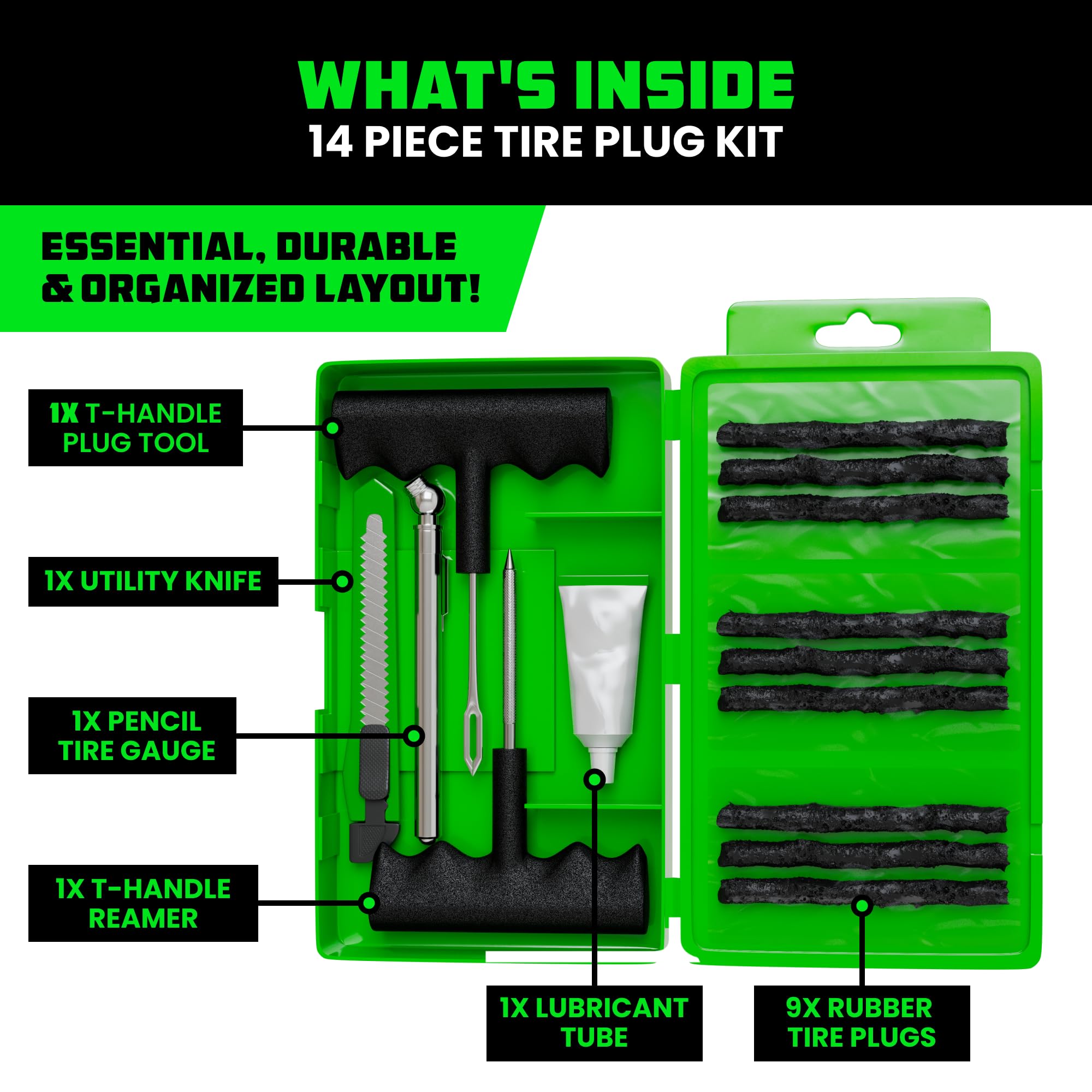 Rhino USA tire plugs 9-pack enables fast puncture sealing on various vehicles.