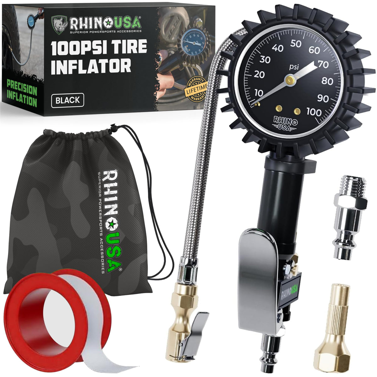 Rhino USA tire pressure gauge with inflator showing a large analog dial for quick readings