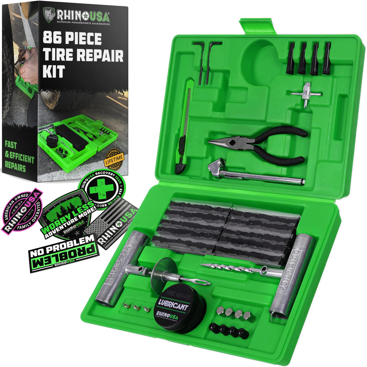 Rhino USA tire repair kit in a compact case ready for under-seat roadside fixes.