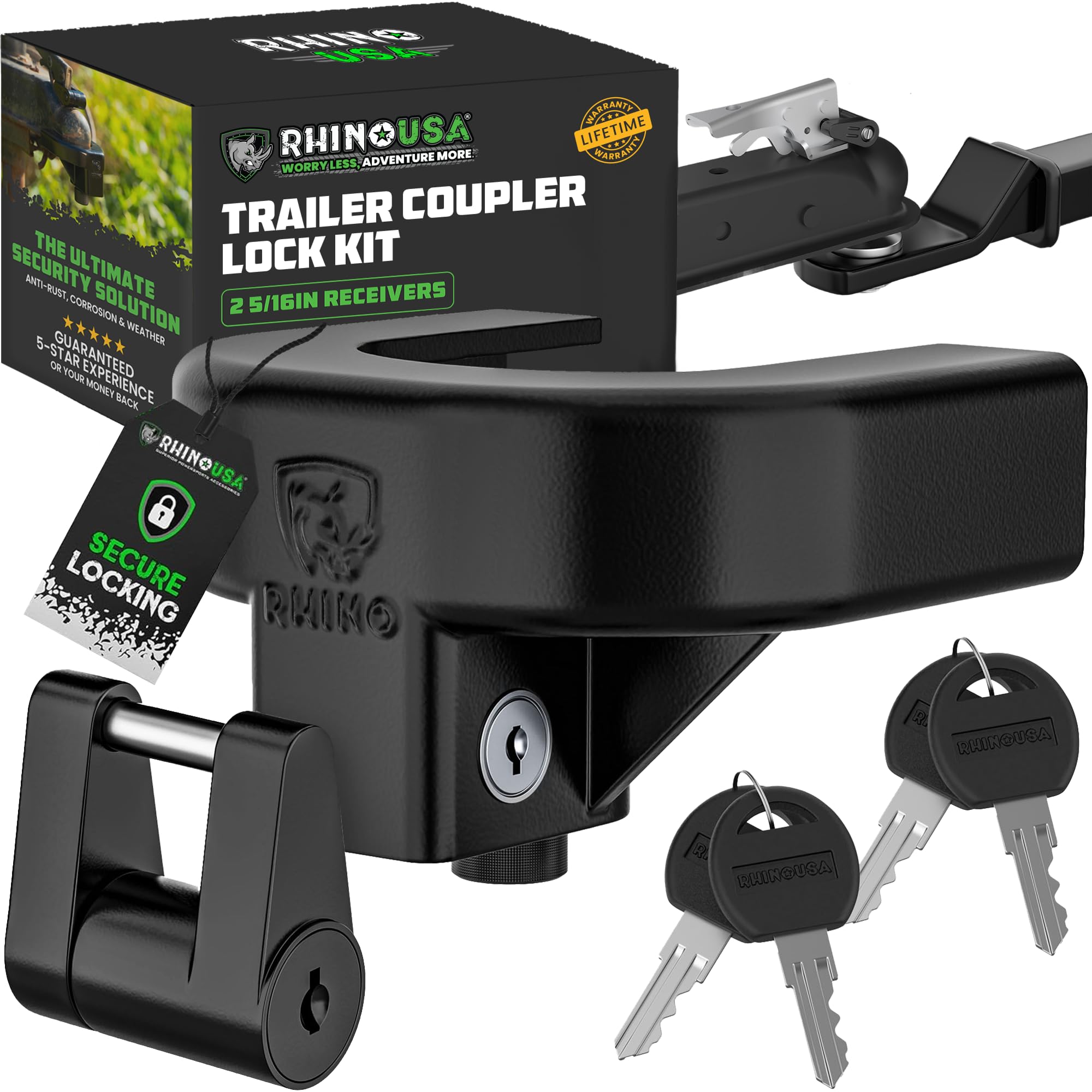 Rhino USA trailer hitch lock kit secured on a coupler, ready for travel.