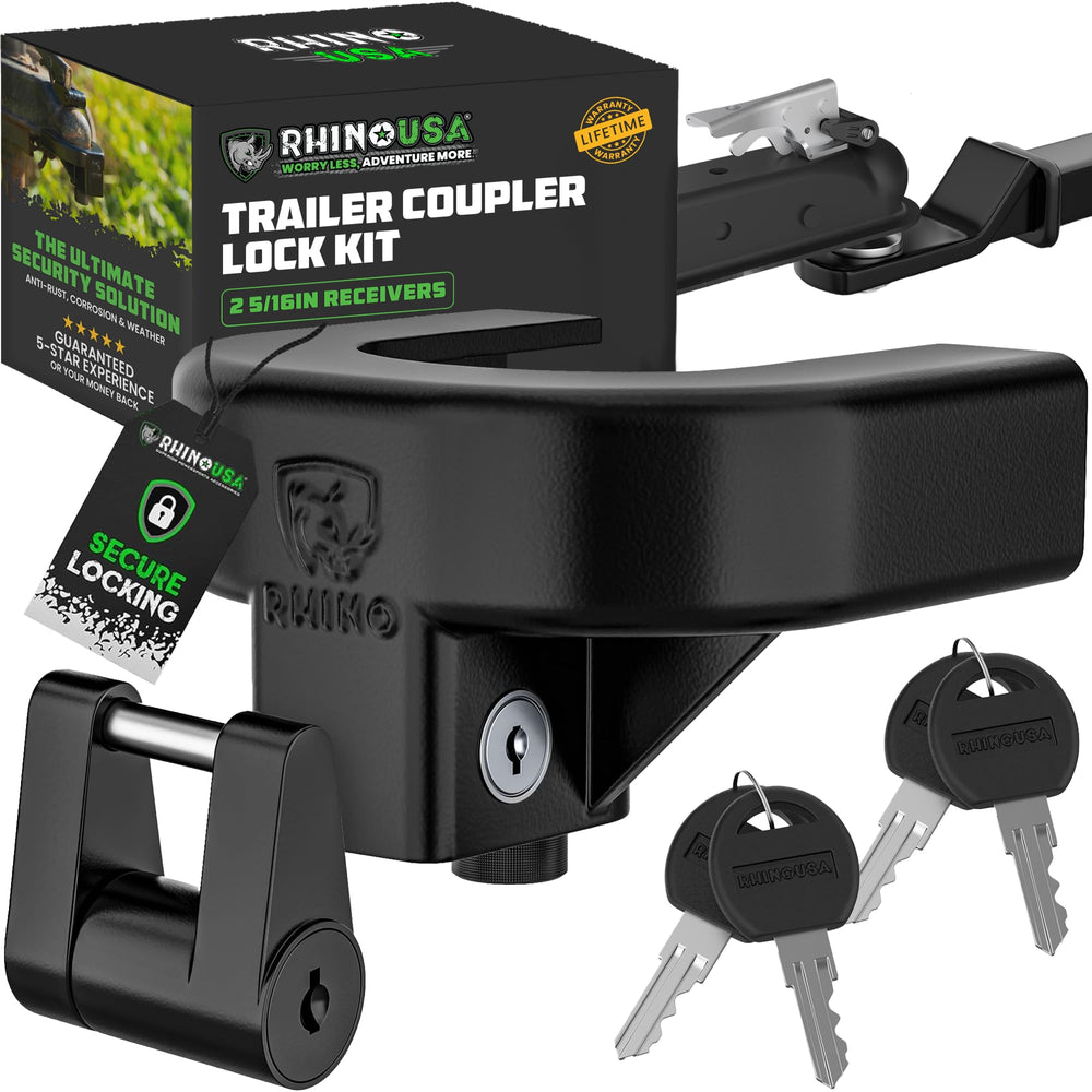Rhino USA trailer hitch lock kit secured on a coupler, ready for travel.