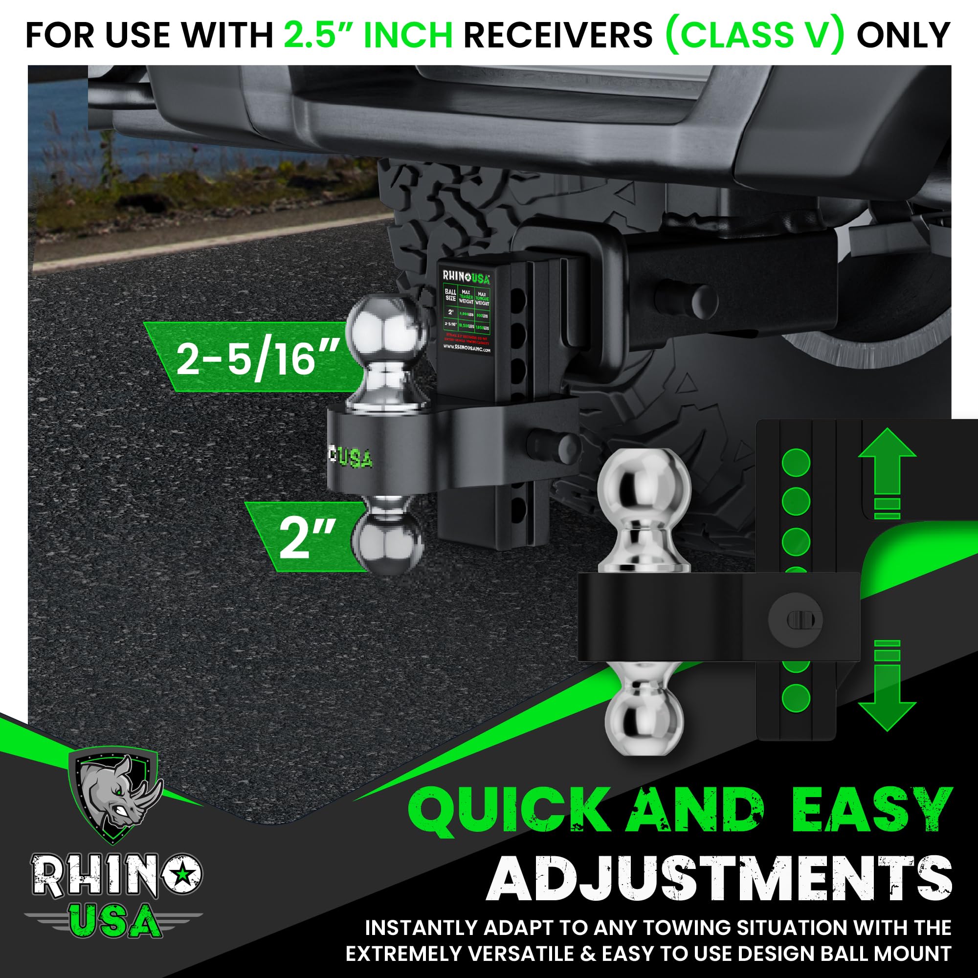 Rhino USA heavy-duty hitch rated up to 12,500 lb GTW for demanding hauls.