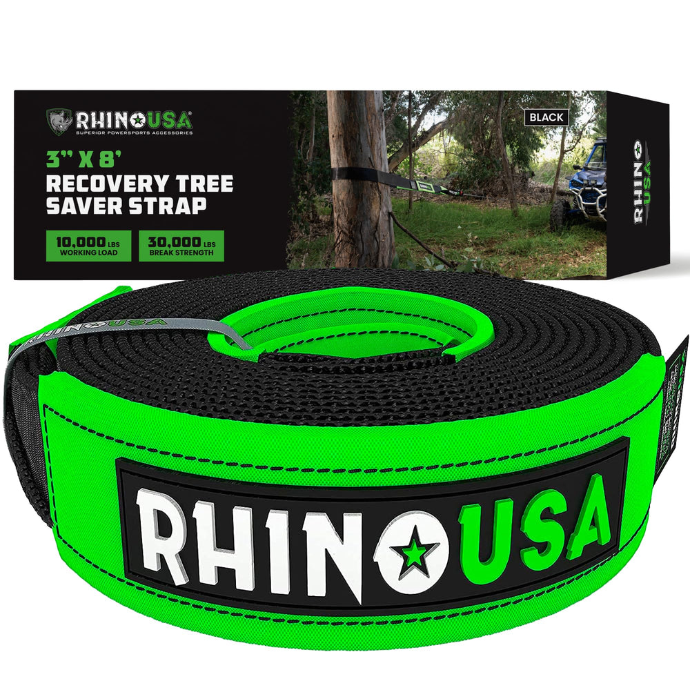 Rhino USA Tree Saver Tow Strap in use, protecting the tree during recovery.