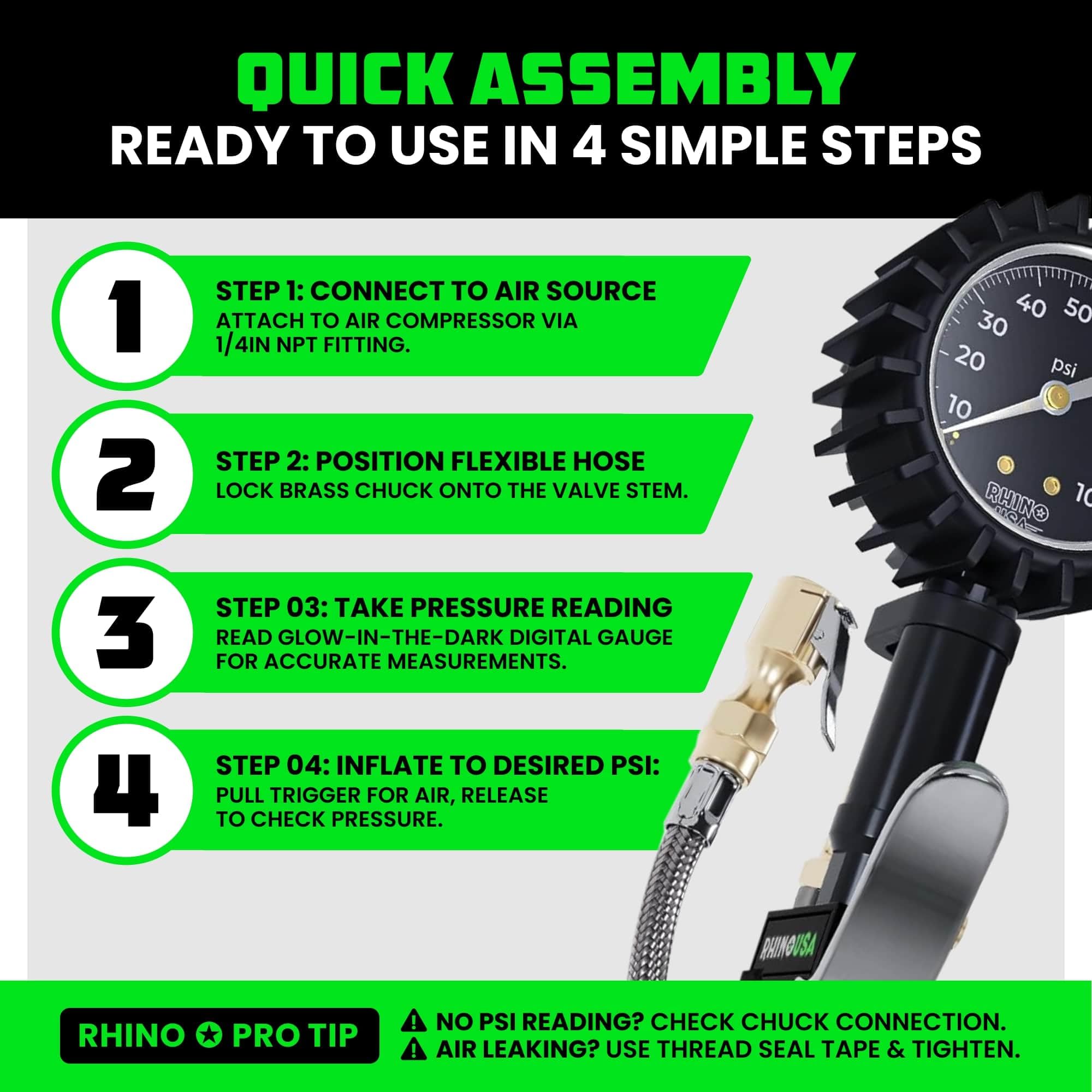 Gauge ready for cars, trucks, SUVs, motorcycles, and RVs via standard ¼ inch fittings
