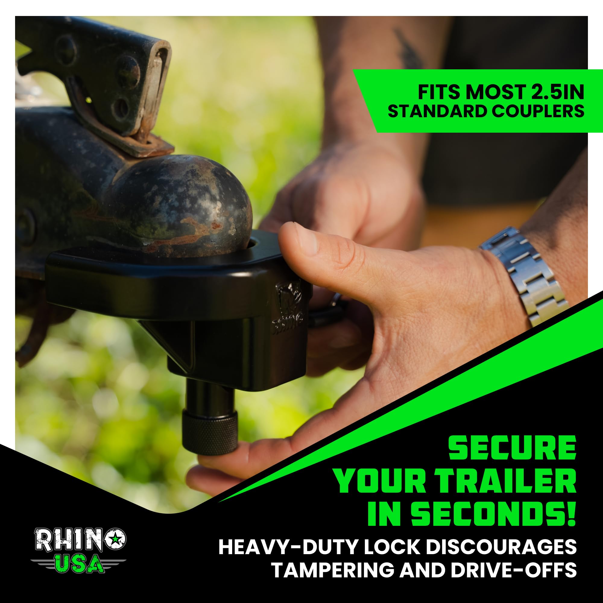 Rhino USA weatherproof hitch lock on a trailer under sun and rain.