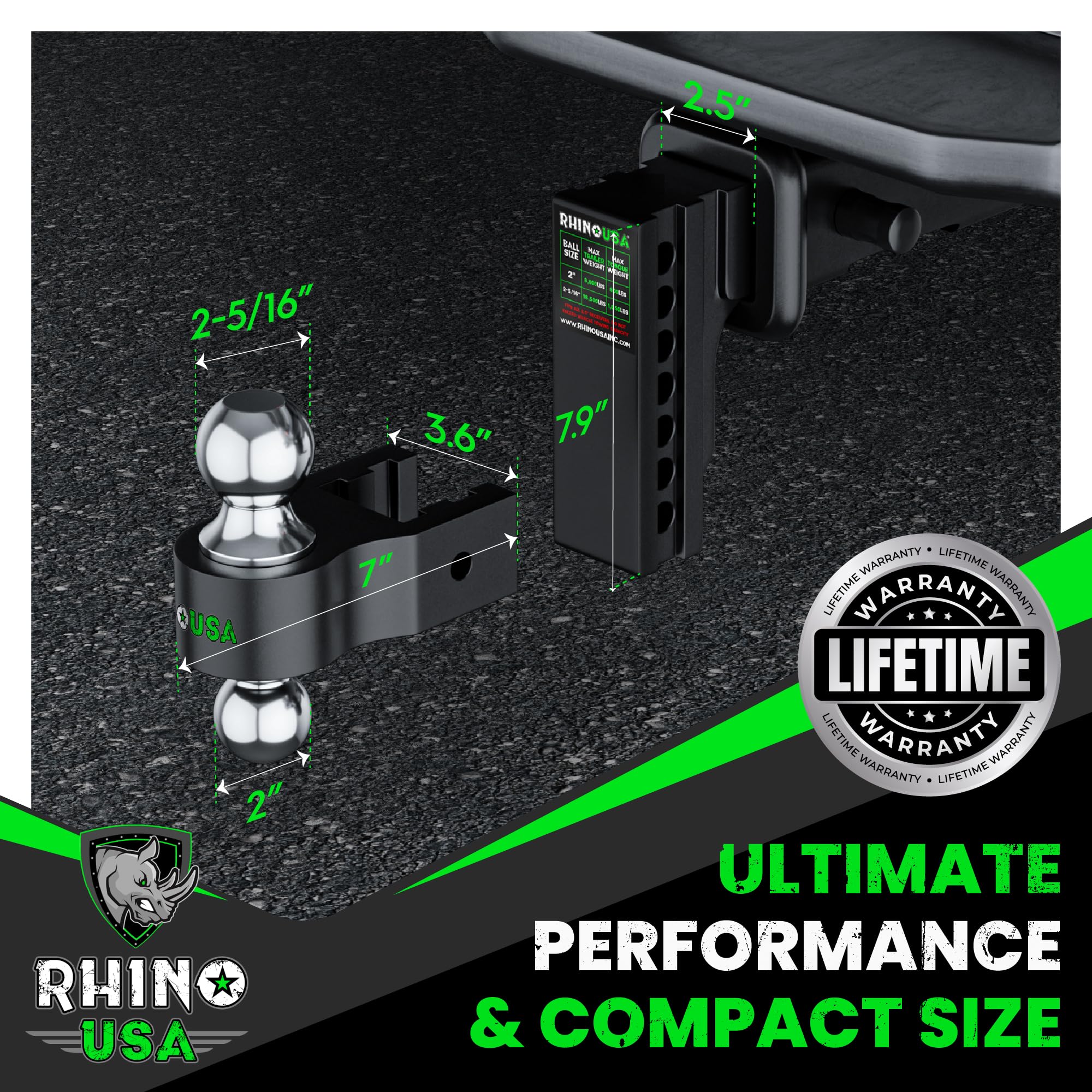 Rhino USA weatherproof locking pins secure the hitch against tampering.