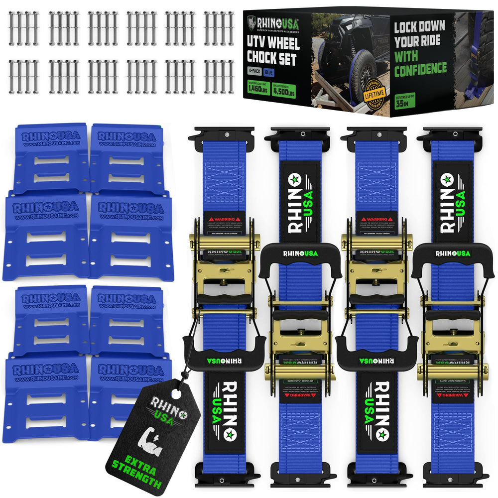 Rhino USA wheel chock tie-down kit secures trailer tires with stable support.