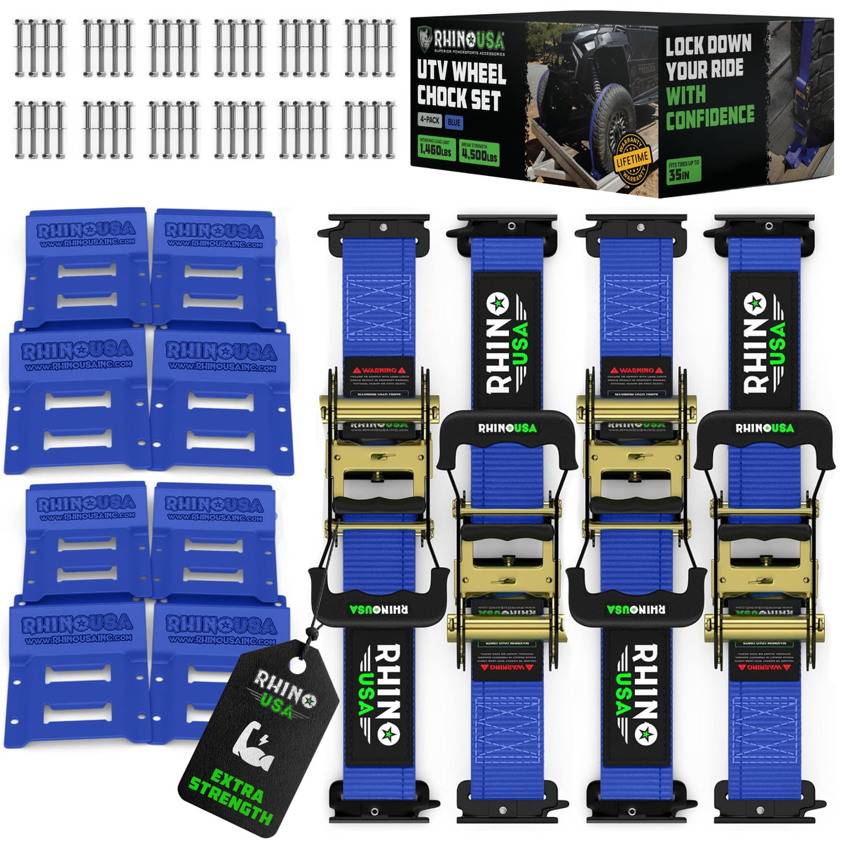 Rhino USA wheel chock tie-down kit secures trailer tires with stable support.