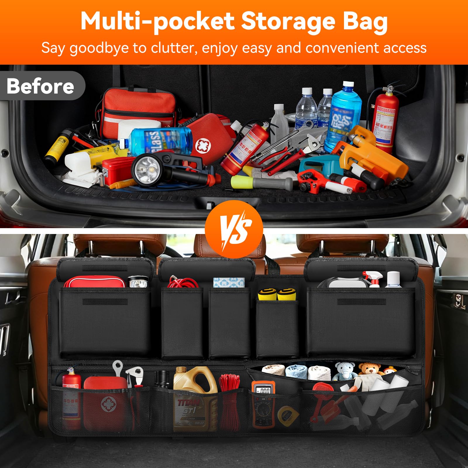 Rhino Valley trunk organizer shows wide two-way pockets for easy access to gear