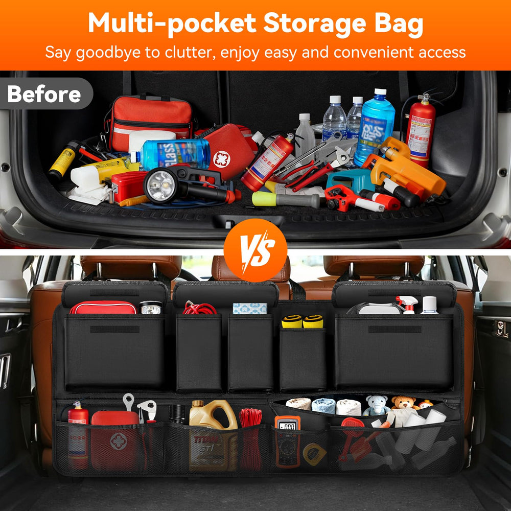 Rhino Valley trunk organizer shows wide two-way pockets for easy access to gear