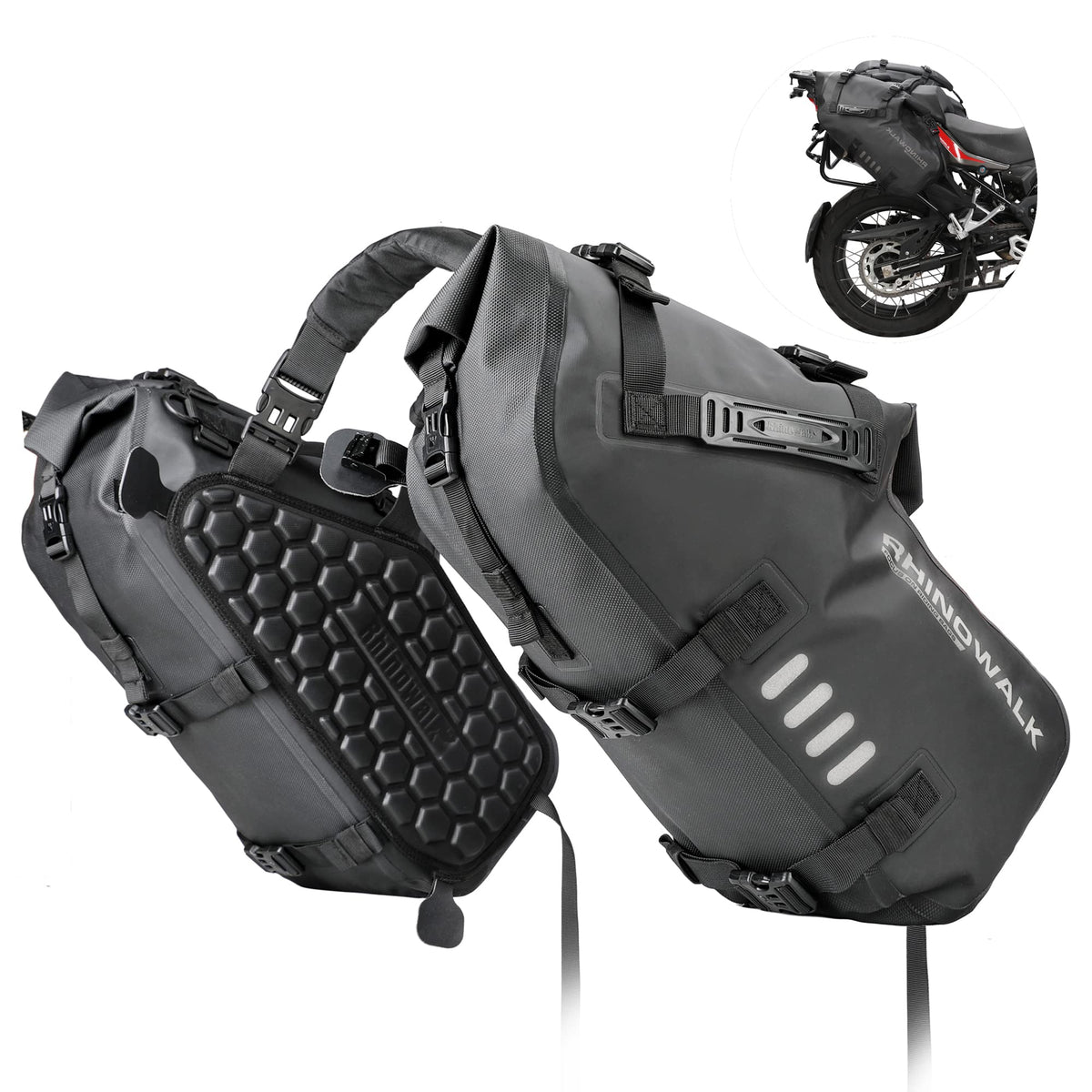 Rhinowalk 28L waterproof saddlebag, closed view showing durability.