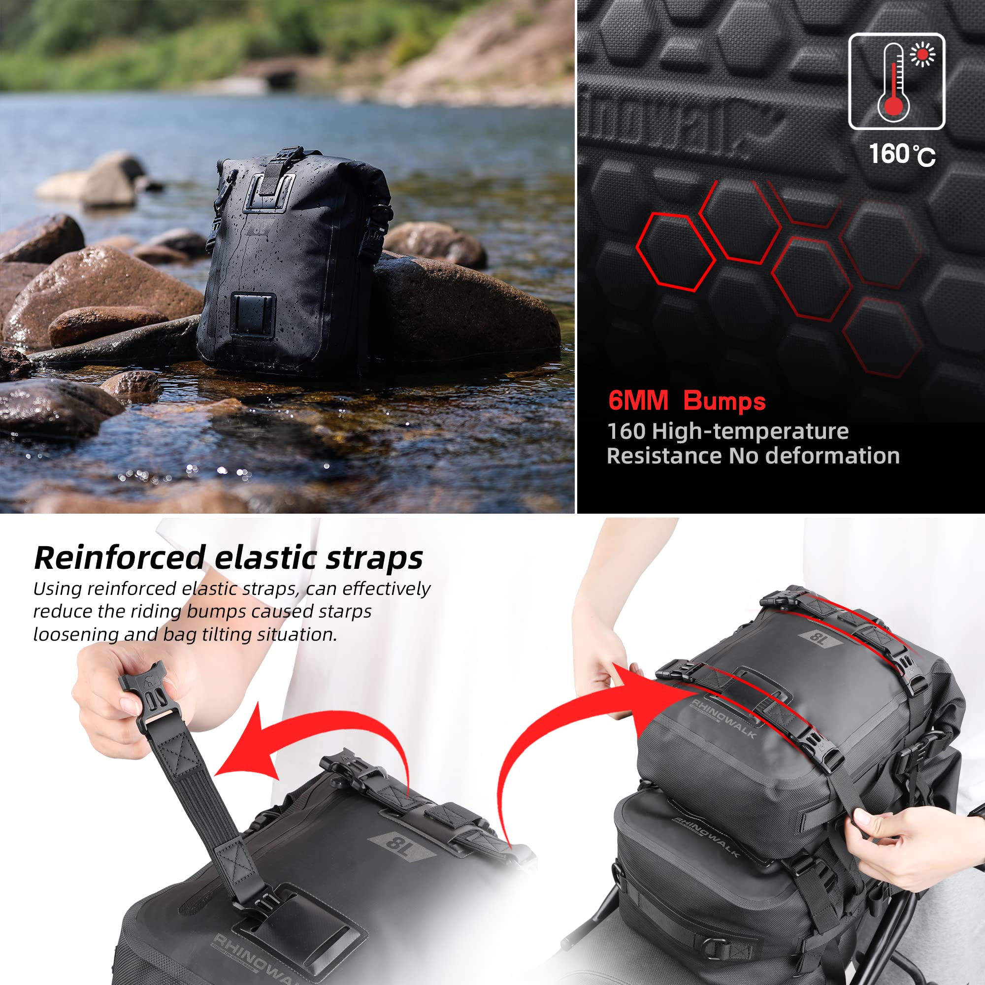 Rhinowalk 30L tail bag expandable dimensions for flexible capacity.
