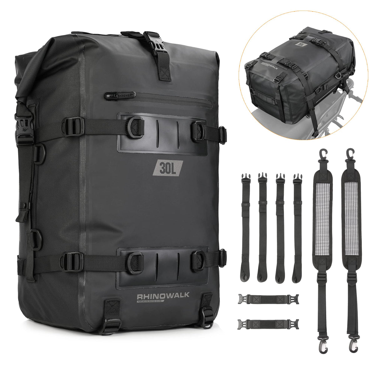 Rhinowalk 30L tail bag exterior view showing waterproof fabric for dry gear.