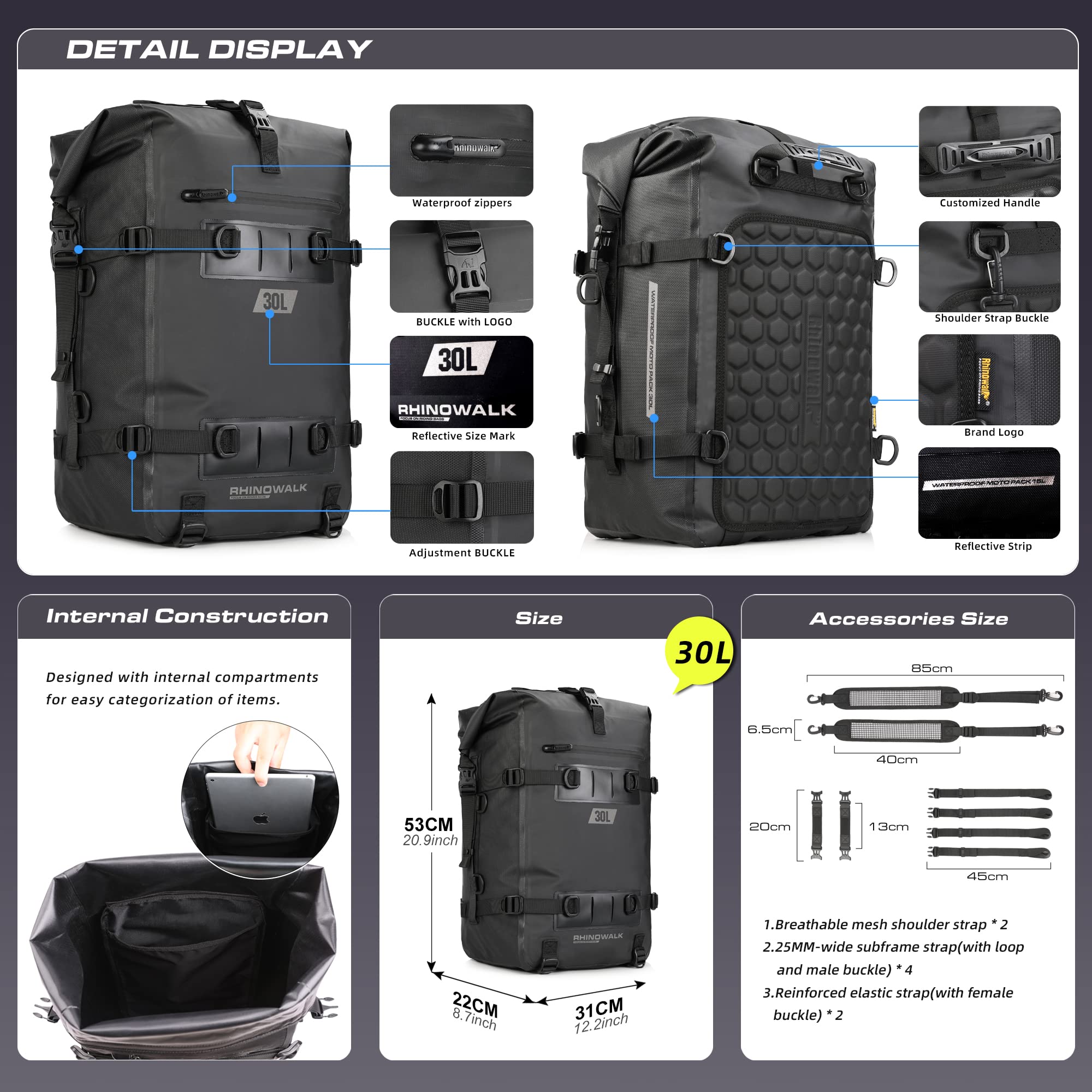 Rhinowalk 30L tail bag modular setup demonstrates 2-to-4 bag configurations.