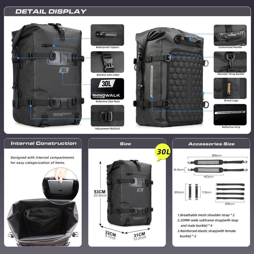 Rhinowalk 30L tail bag modular setup demonstrates 2-to-4 bag configurations.