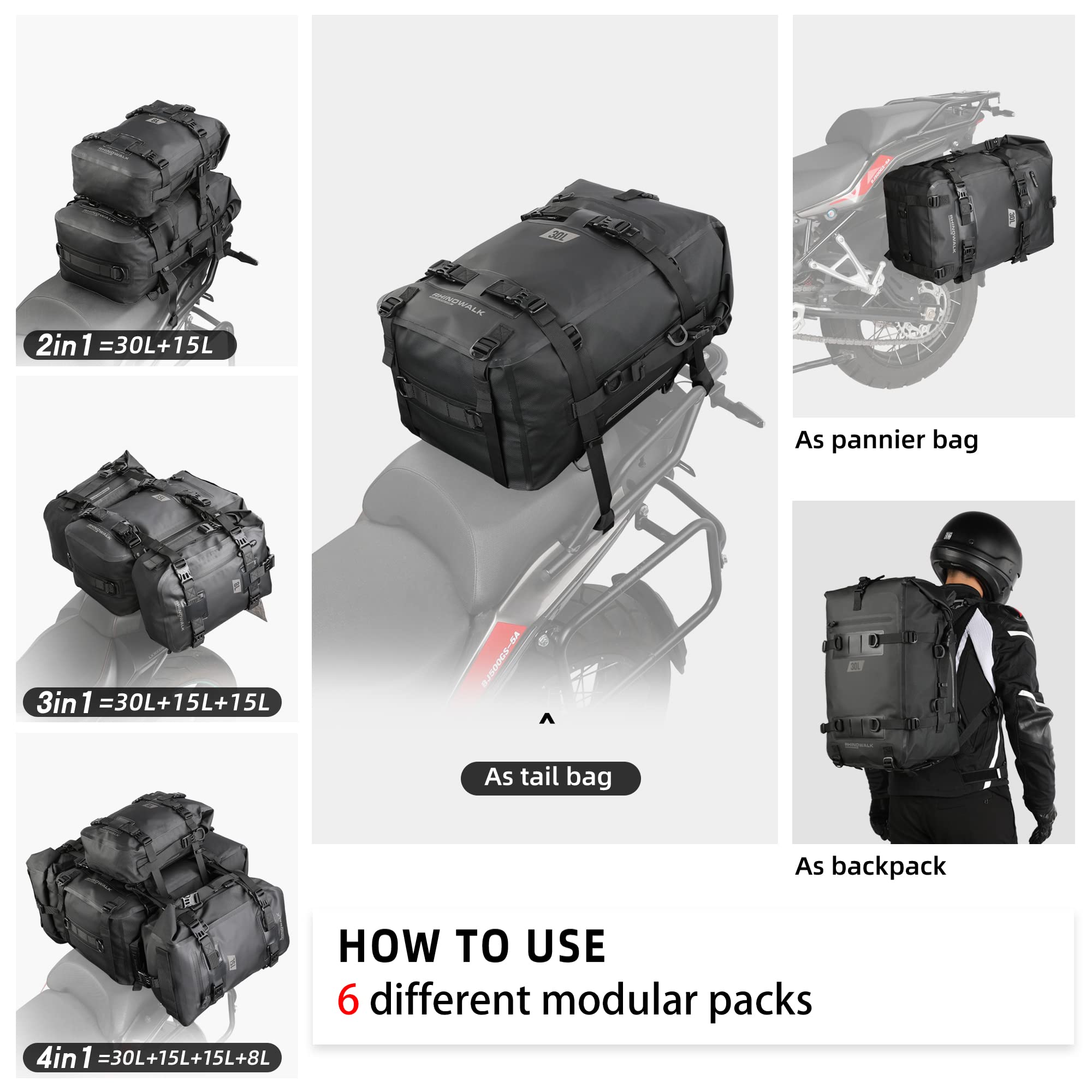 Rhinowalk 30L tail bag waterproof inner bag protects contents.