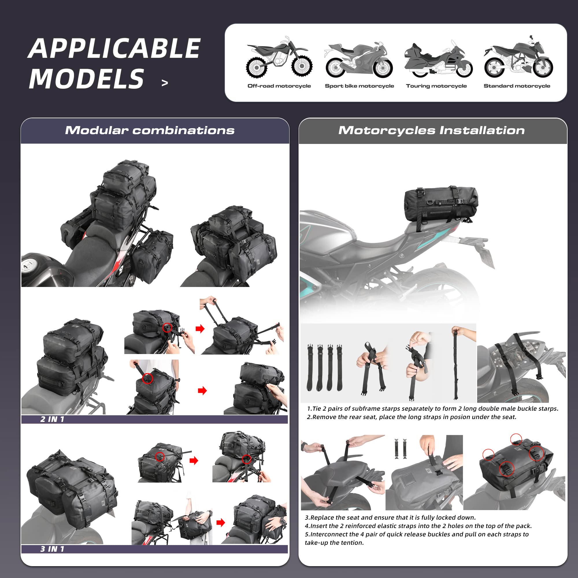Rhinowalk modular buckles enable two to four bag configurations for flexible packing.