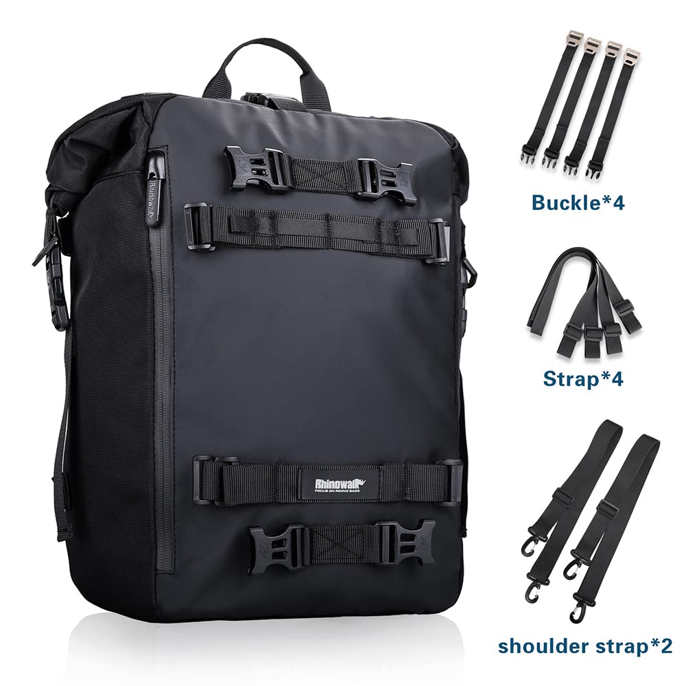 Rhinowalk 30L tail bag ready for long road trips on motorcycle.
