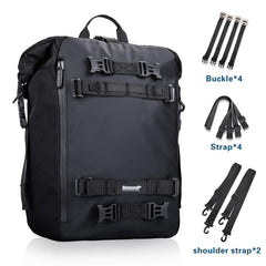 Rhinowalk 30L tail bag ready for long road trips on motorcycle.