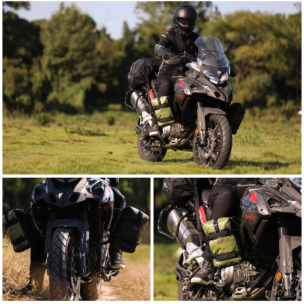Rhinowalk mounting configurations show side bag and tank bag options