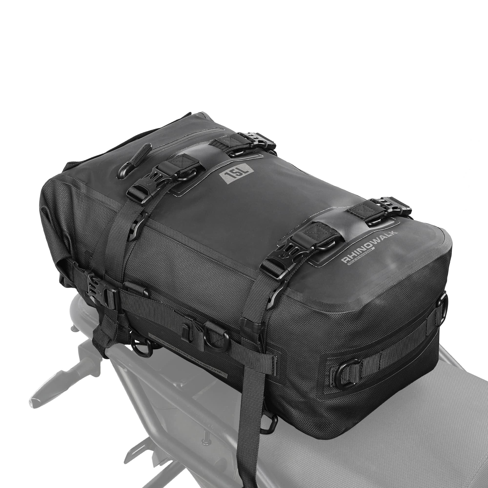 Rhinowalk 15L tail bag mounted on motorcycle rear rack provides waterproof cargo protection.