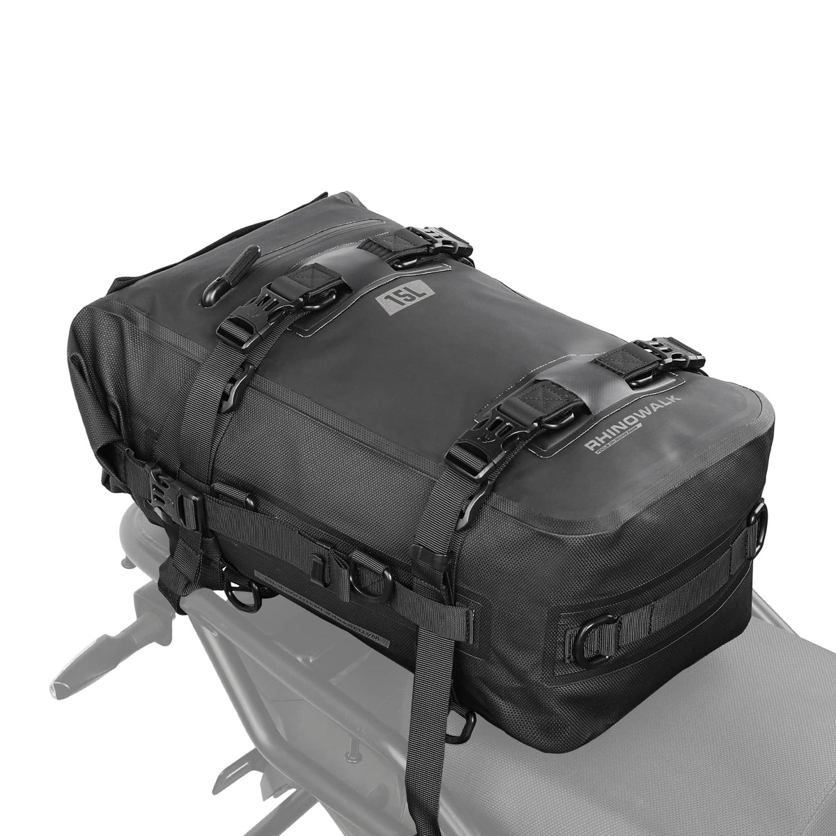 Rhinowalk 15L tail bag mounted on motorcycle rear rack provides waterproof cargo protection.