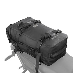 Rhinowalk 15L tail bag mounted on motorcycle rear rack provides waterproof cargo protection.