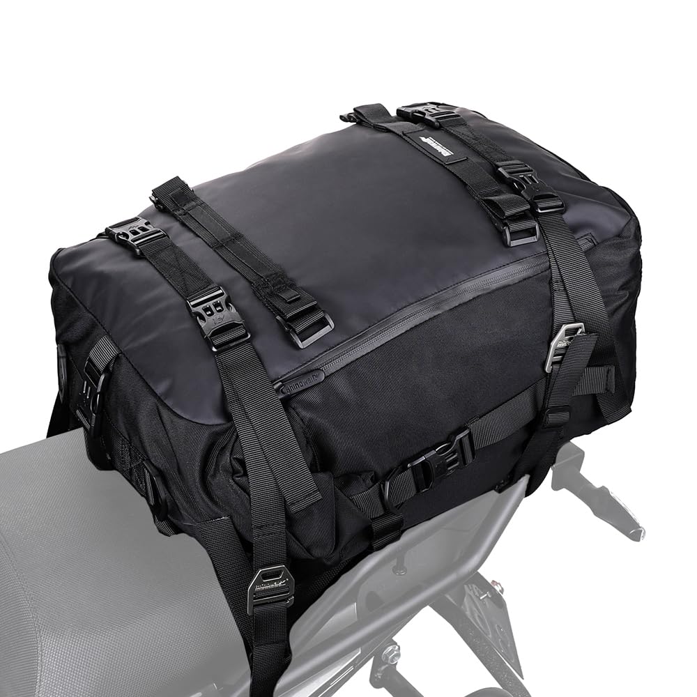 Rhinowalk 30L tail bag mounted on a motorcycle for organized travel