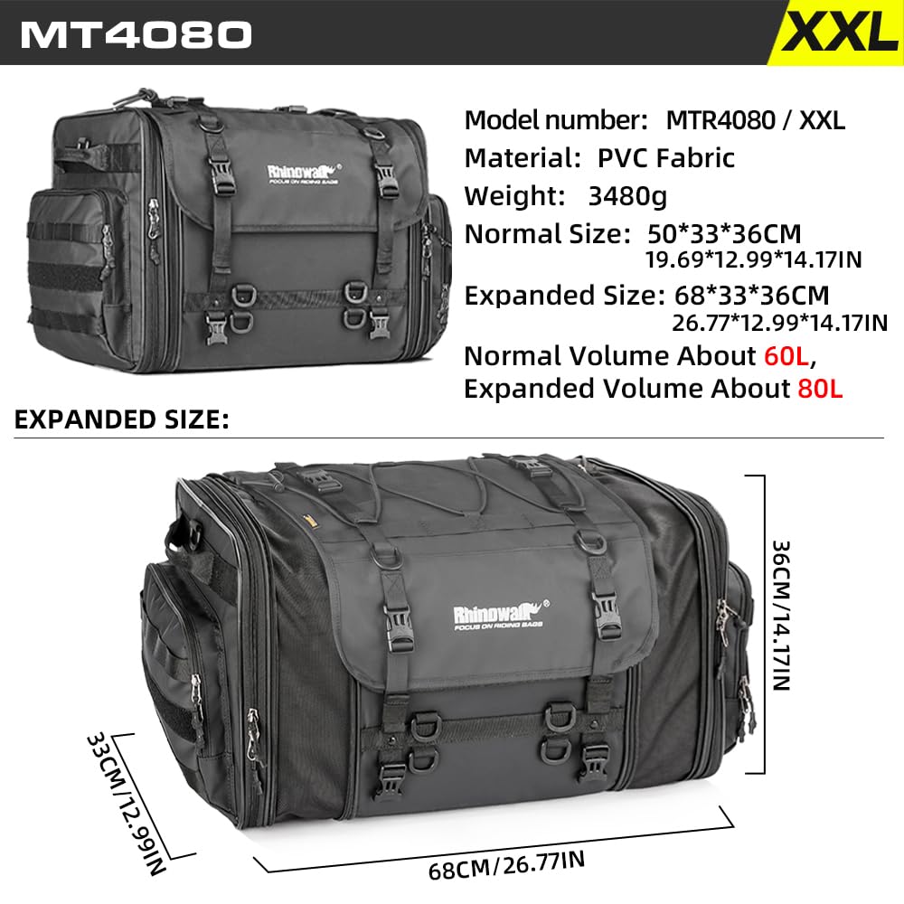Rhinowalk tail bag expanded to 80L for extra capacity on long trips