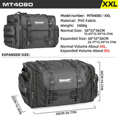 Rhinowalk tail bag expanded to 80L for extra capacity on long trips