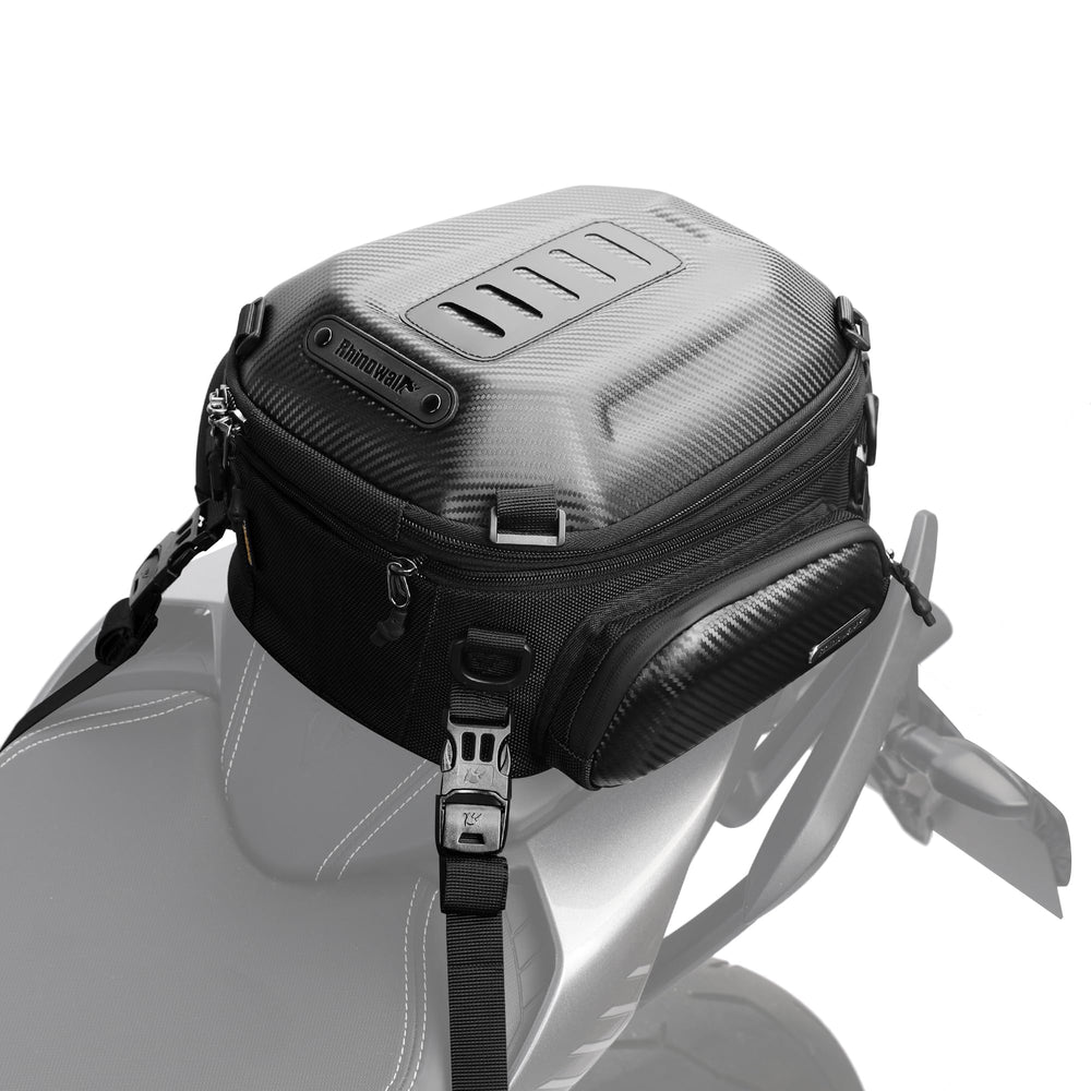 Rhinowalk tail bag expandable hard shell on motorcycle rack cushions gear during rides