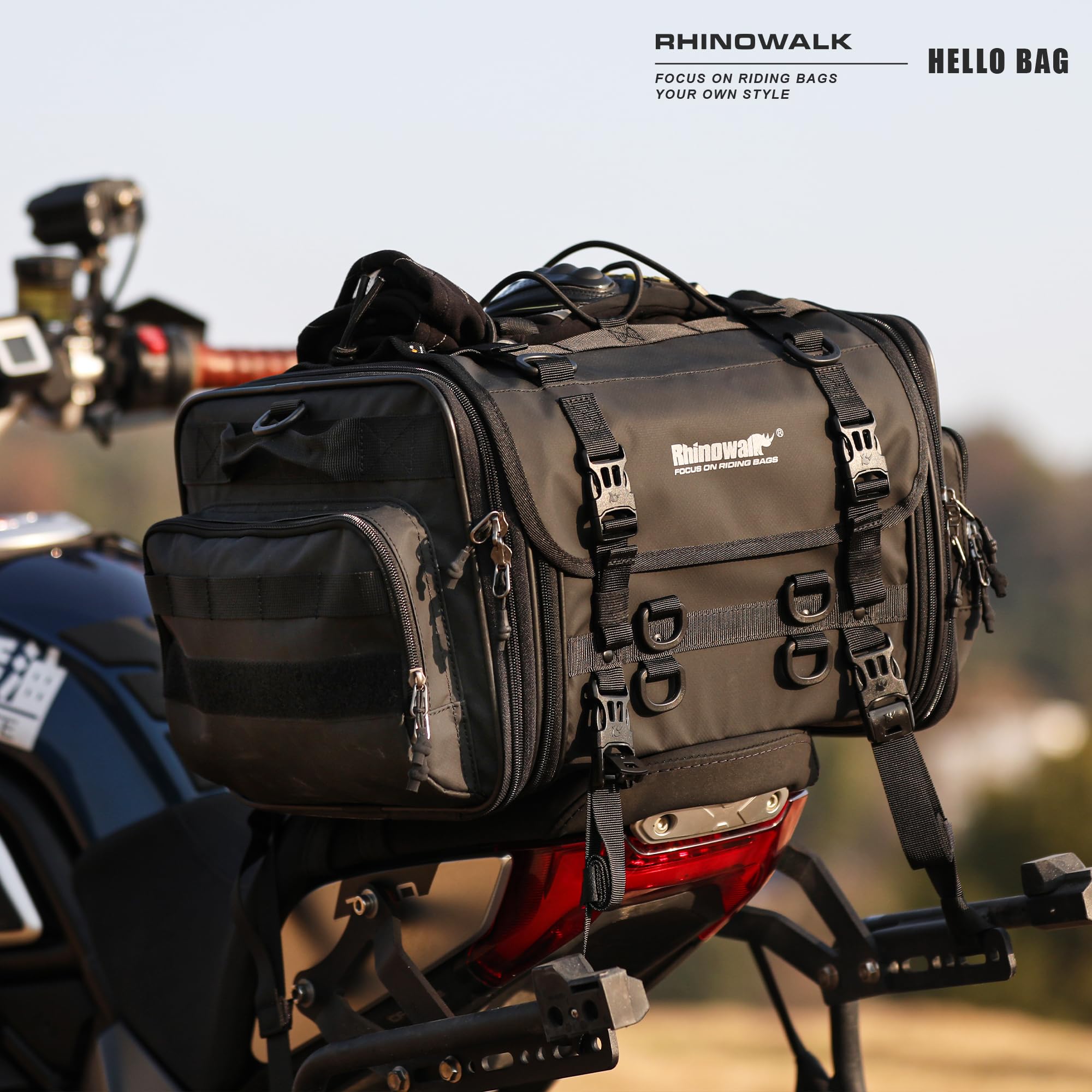 Rhinowalk tail bag mounted on bike with secure rack attachment
