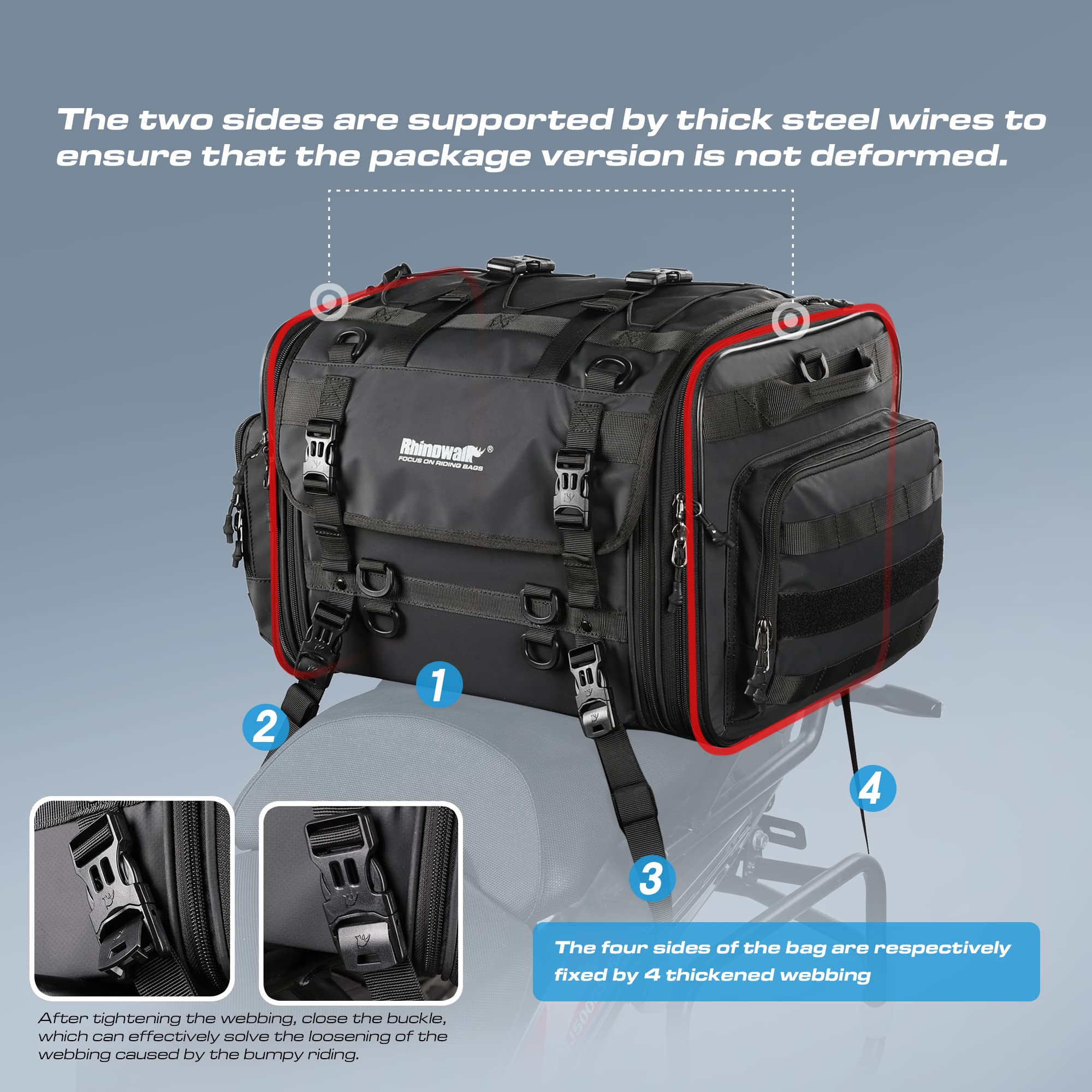 Rhinowalk tail bag four straps secure to motorcycle frame
