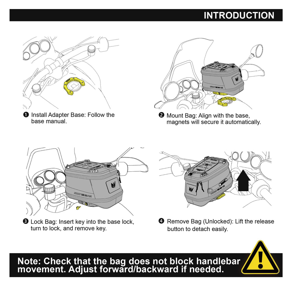 Rhinowalk tank bag adjustable positioning up to 48 mm without removing it.