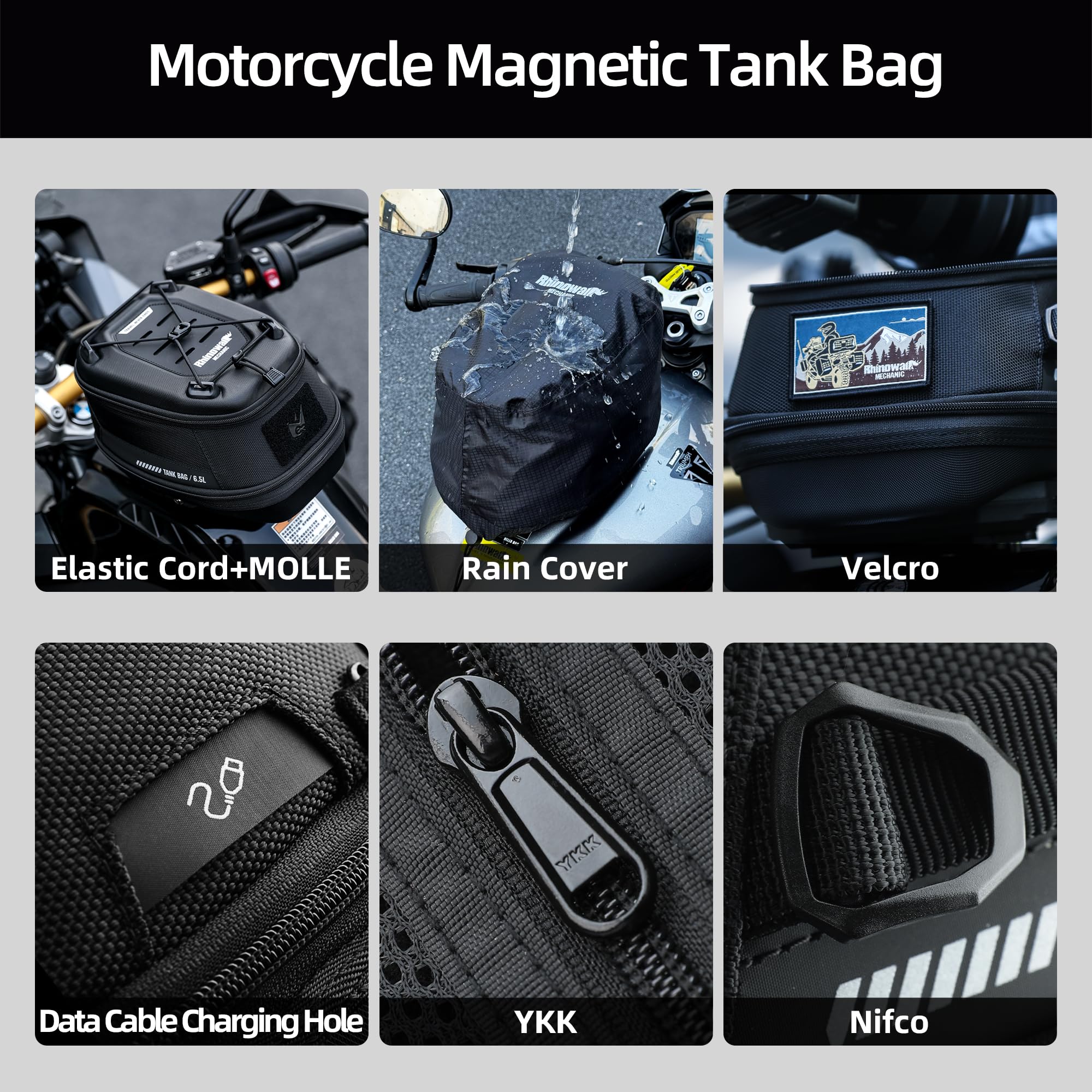 Rhinowalk anti-theft lock system secures the bag to the fuel tank.