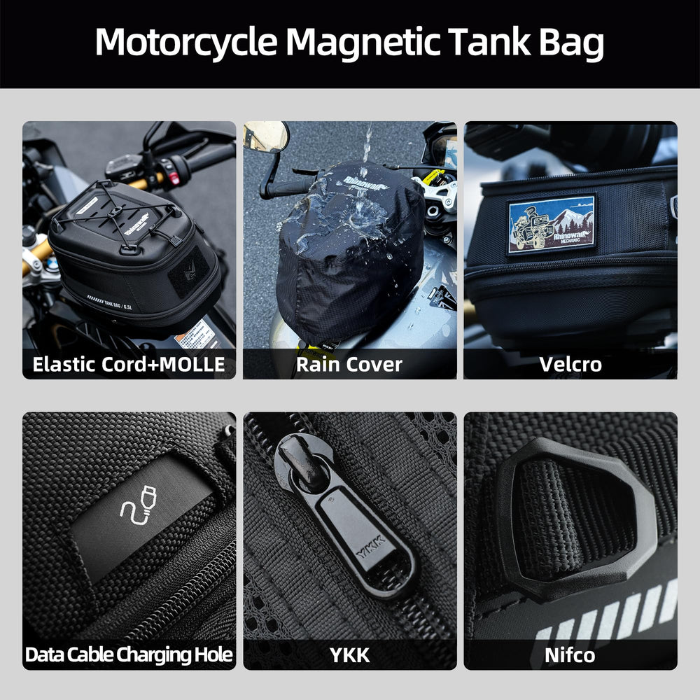 Rhinowalk anti-theft lock system secures the bag to the fuel tank.