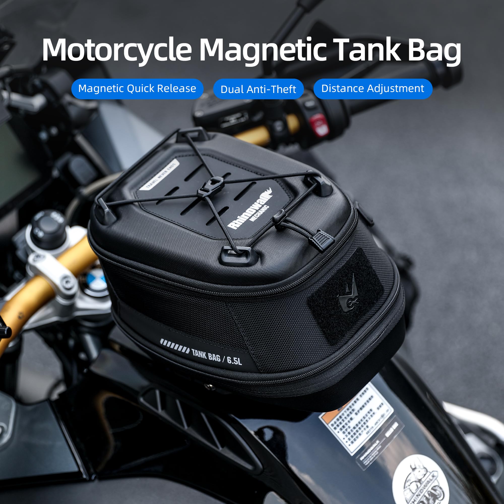 Rhinowalk tank bag expandable capacity 5-6.5L to adapt storage needs.