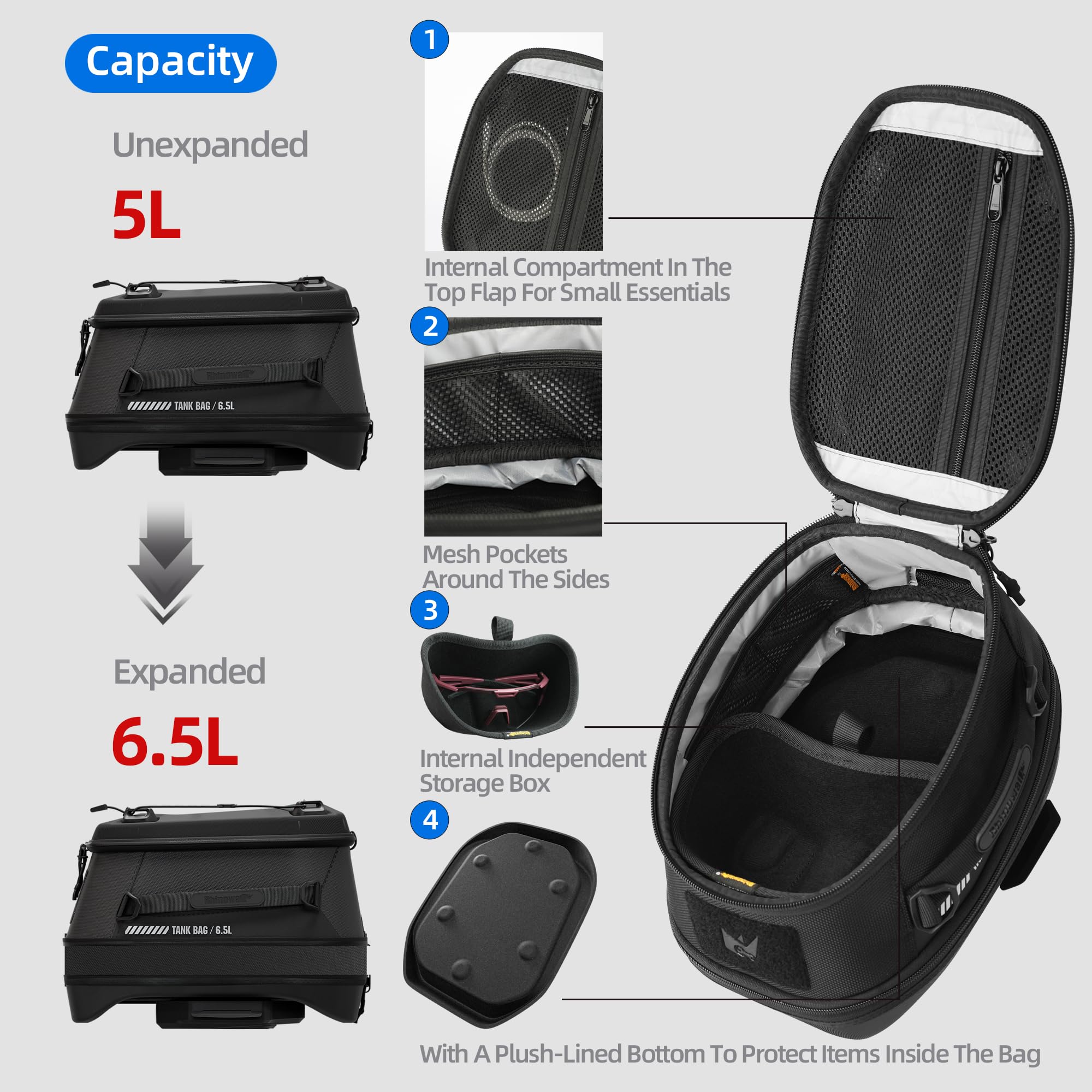 Rhinowalk tank bag features multiple compartments for organized gear on the go.