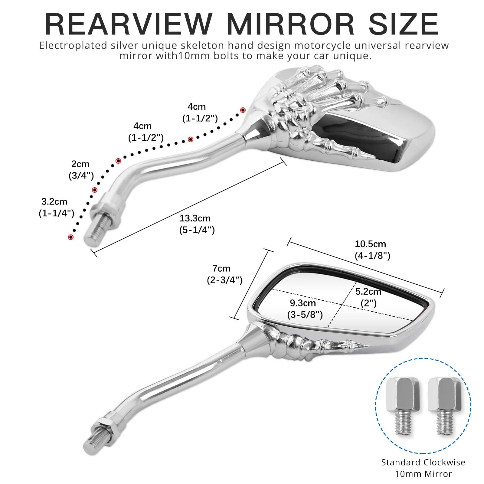 Rich Choices chrome skull mirror right 10mm fits diverse bikes