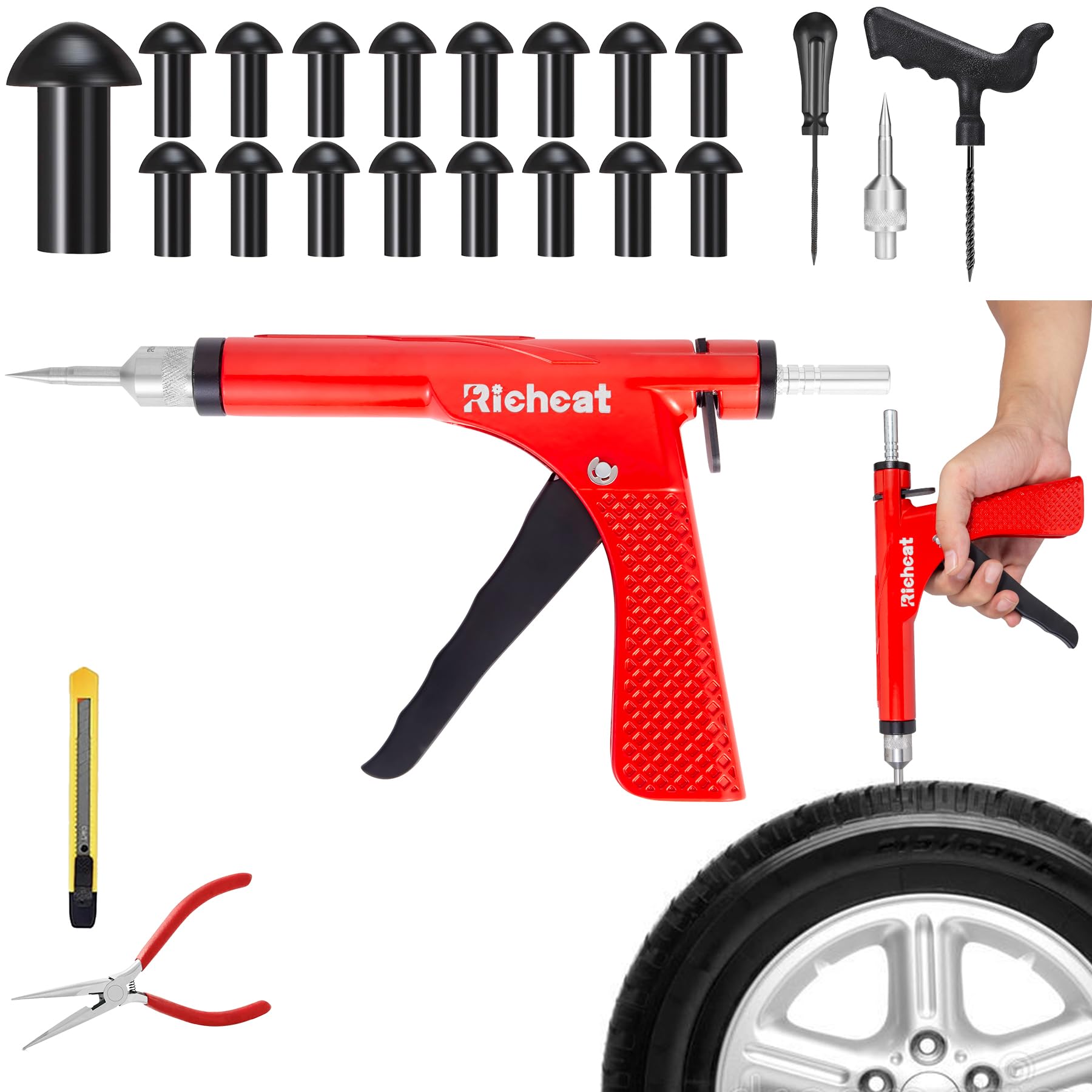 Richcat tubeless puncture kit with mushroom plug for quick on-road repairs