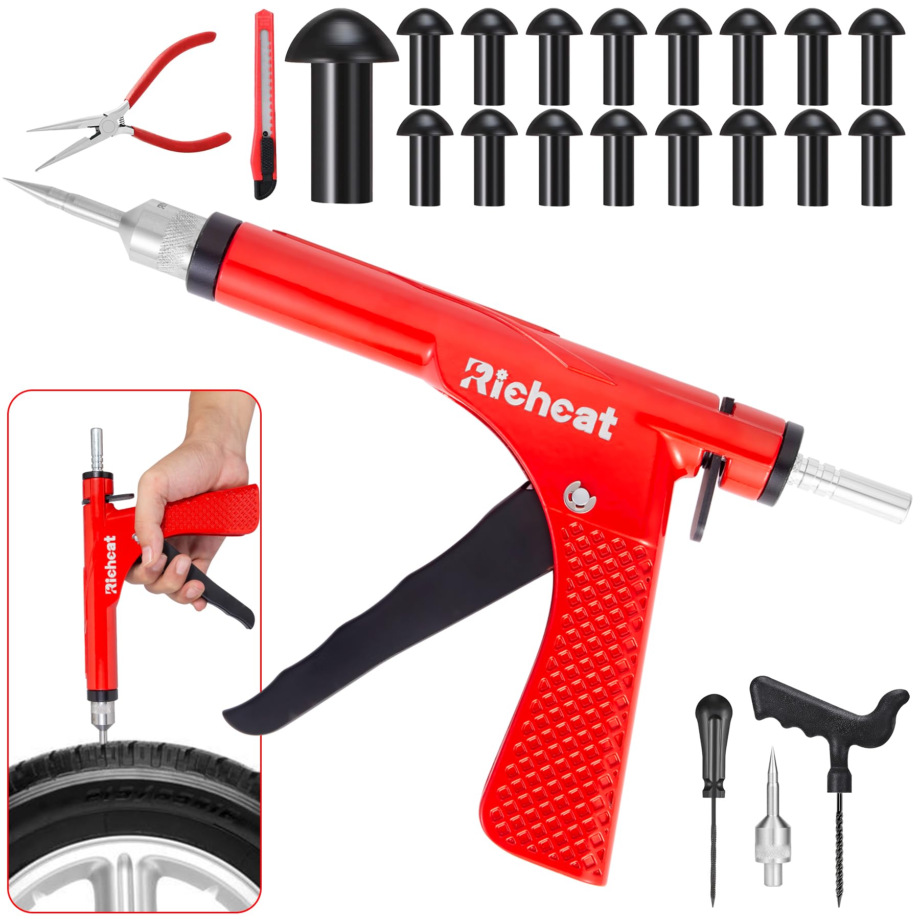 Richcat tubeless puncture kit gun in action for quick roadside repair