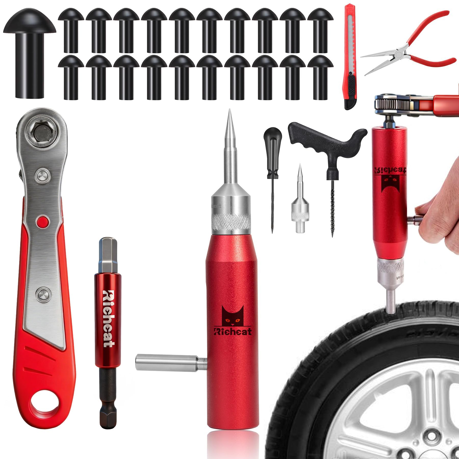 Richcat tubeless tire repair kit with mushroom plug for quick roadside repair