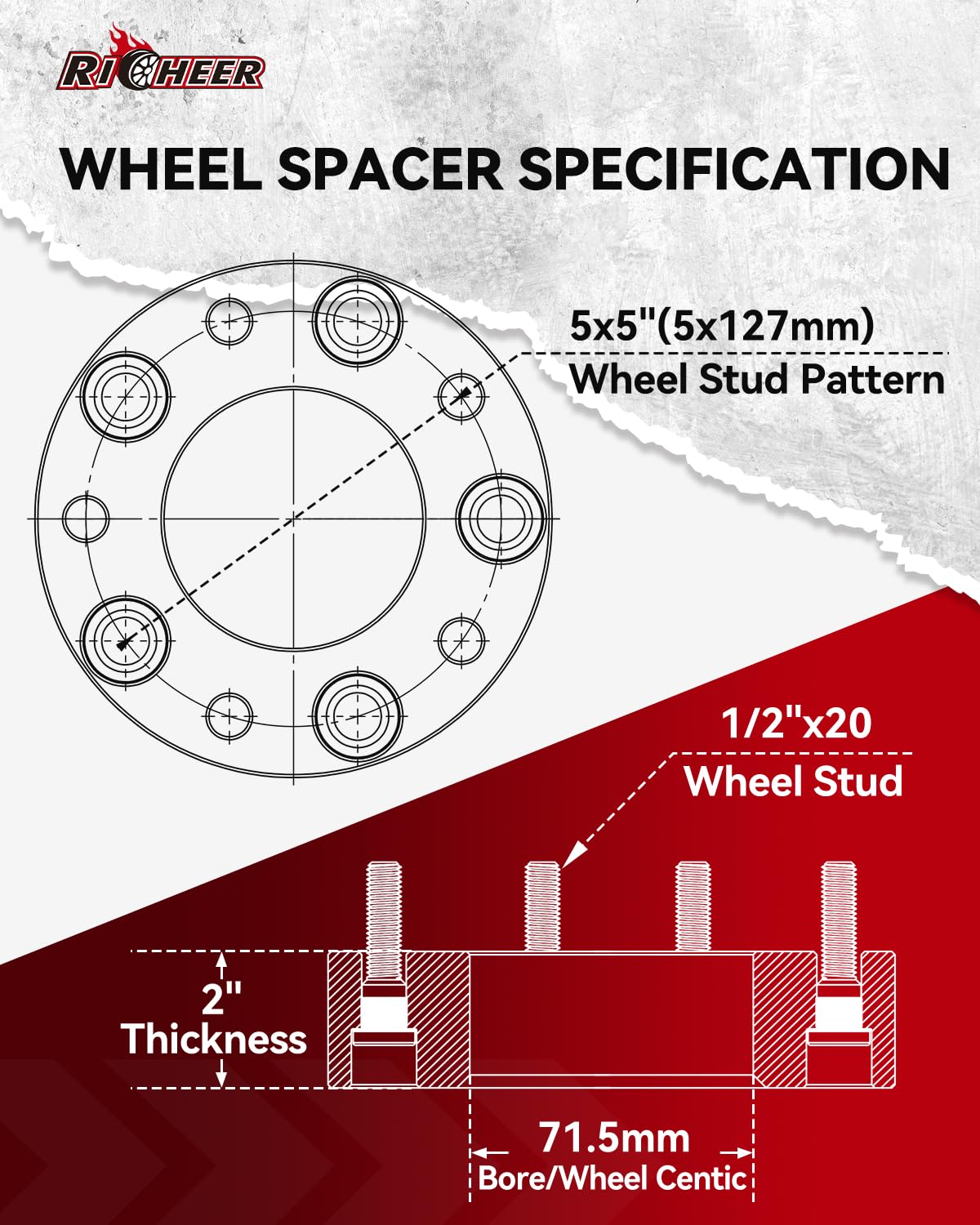 Richeer 2in spacer with exposed studs for secure mounting