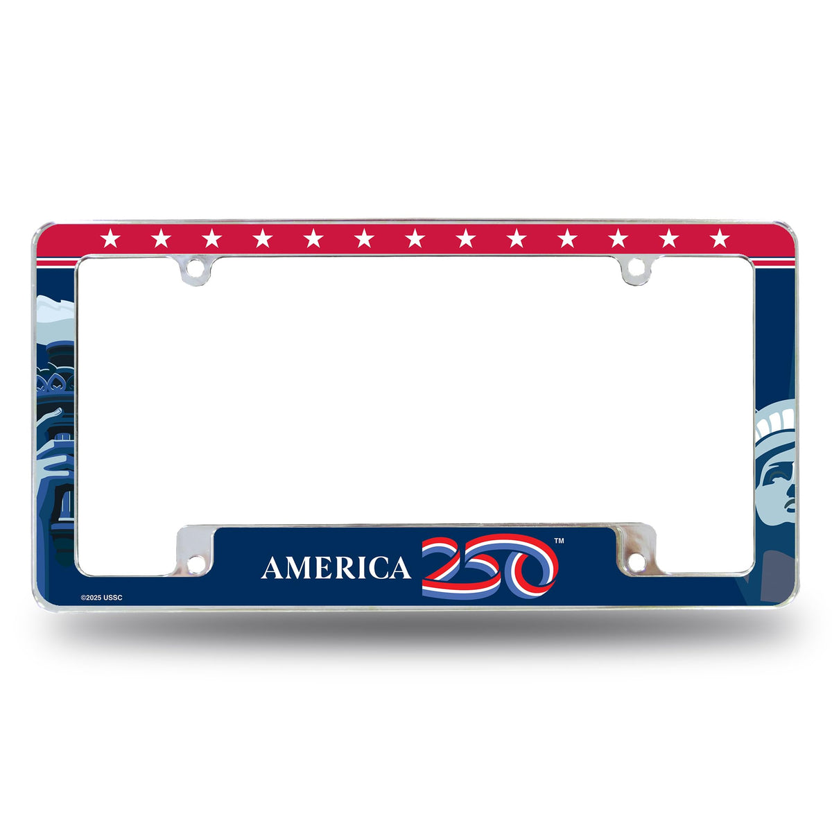 Rico Industries USA 250th birthday chrome frame on a car, patriotic design for celebrations