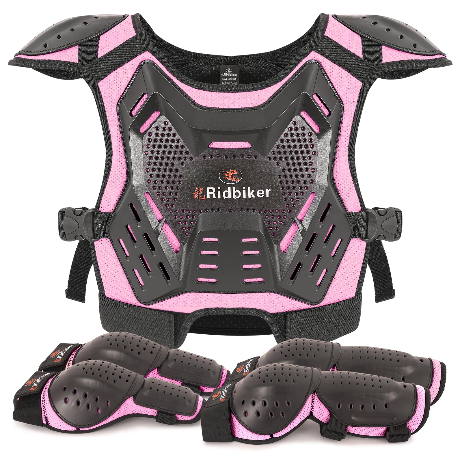 RIDBIKER kids dirt bike chest protector front view offering padded impact protection.