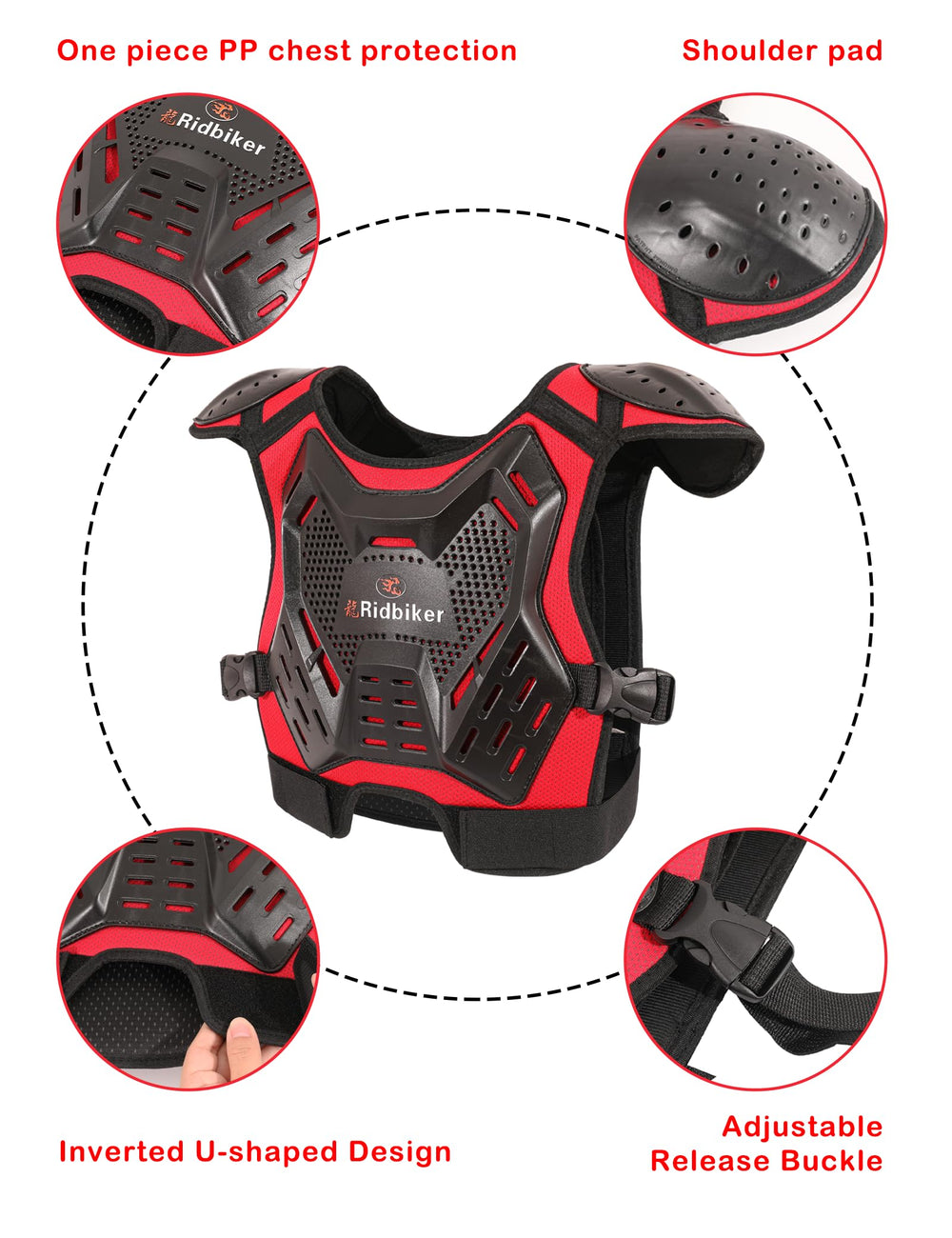 RIDBIKER motocross armor vest close-up shows durable shell and breathable lining.