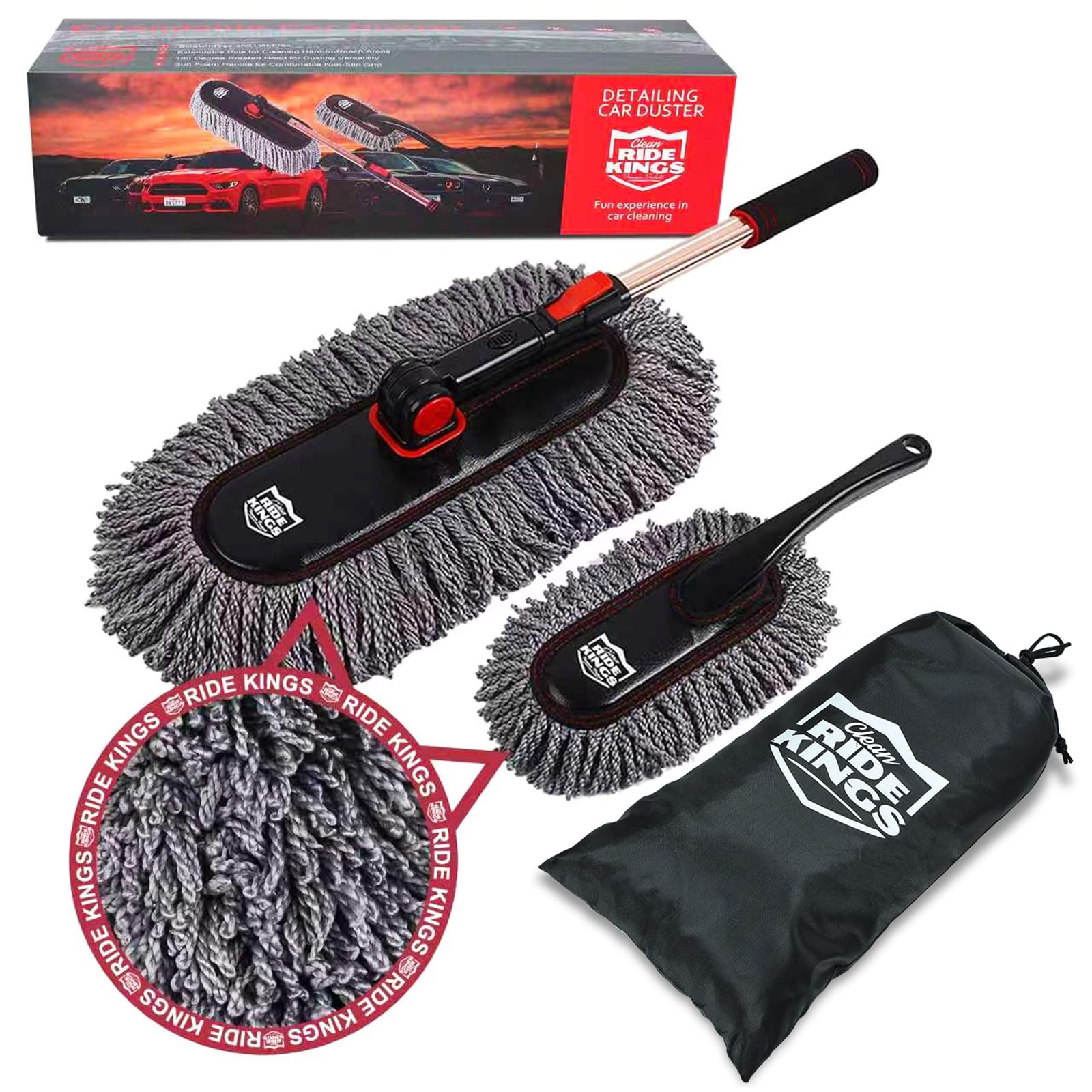 RIDE KINGS Auto Duster with extendable handle reaches high surfaces without bending.
