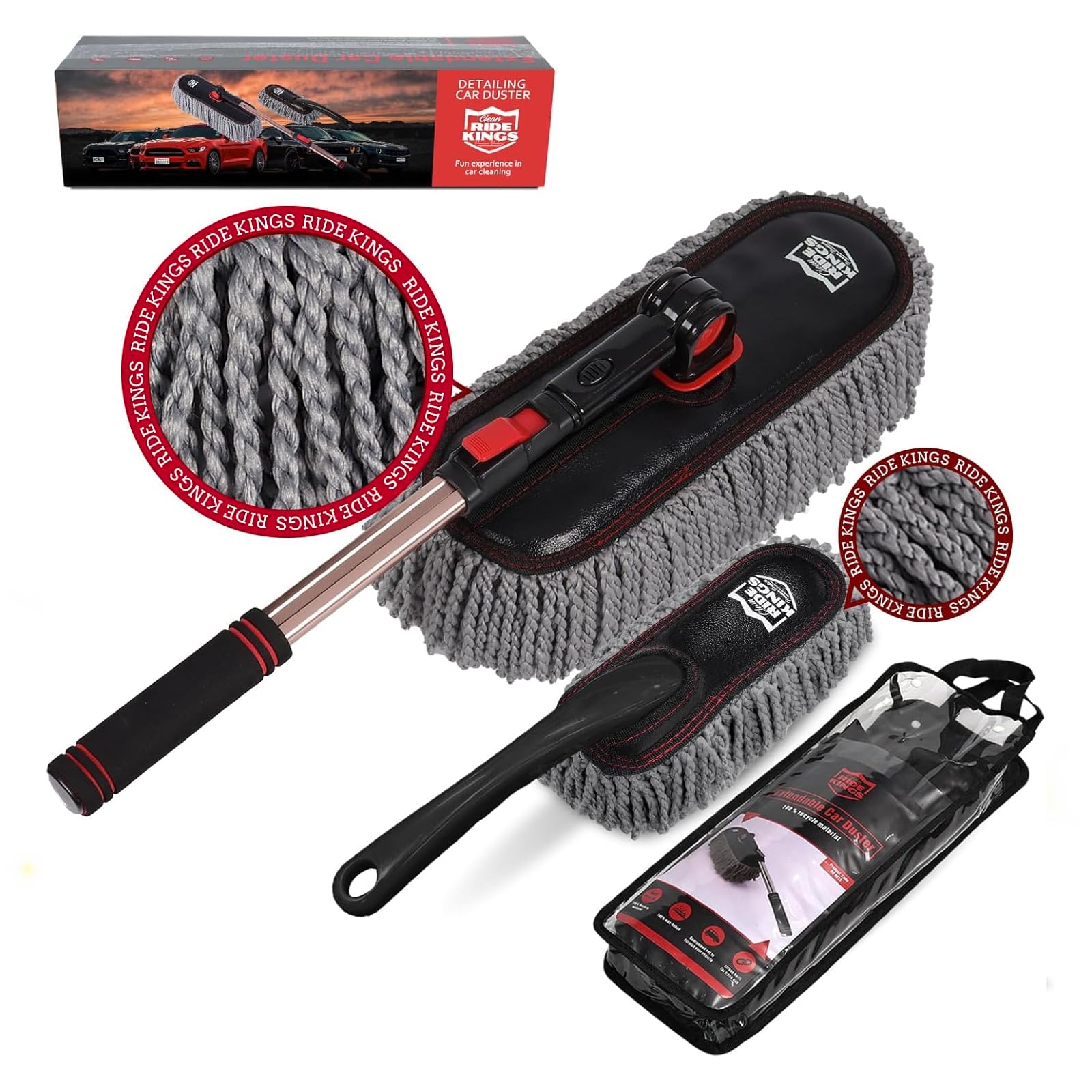 RIDE KINGS car duster with extendable handle reaches high areas without bending.