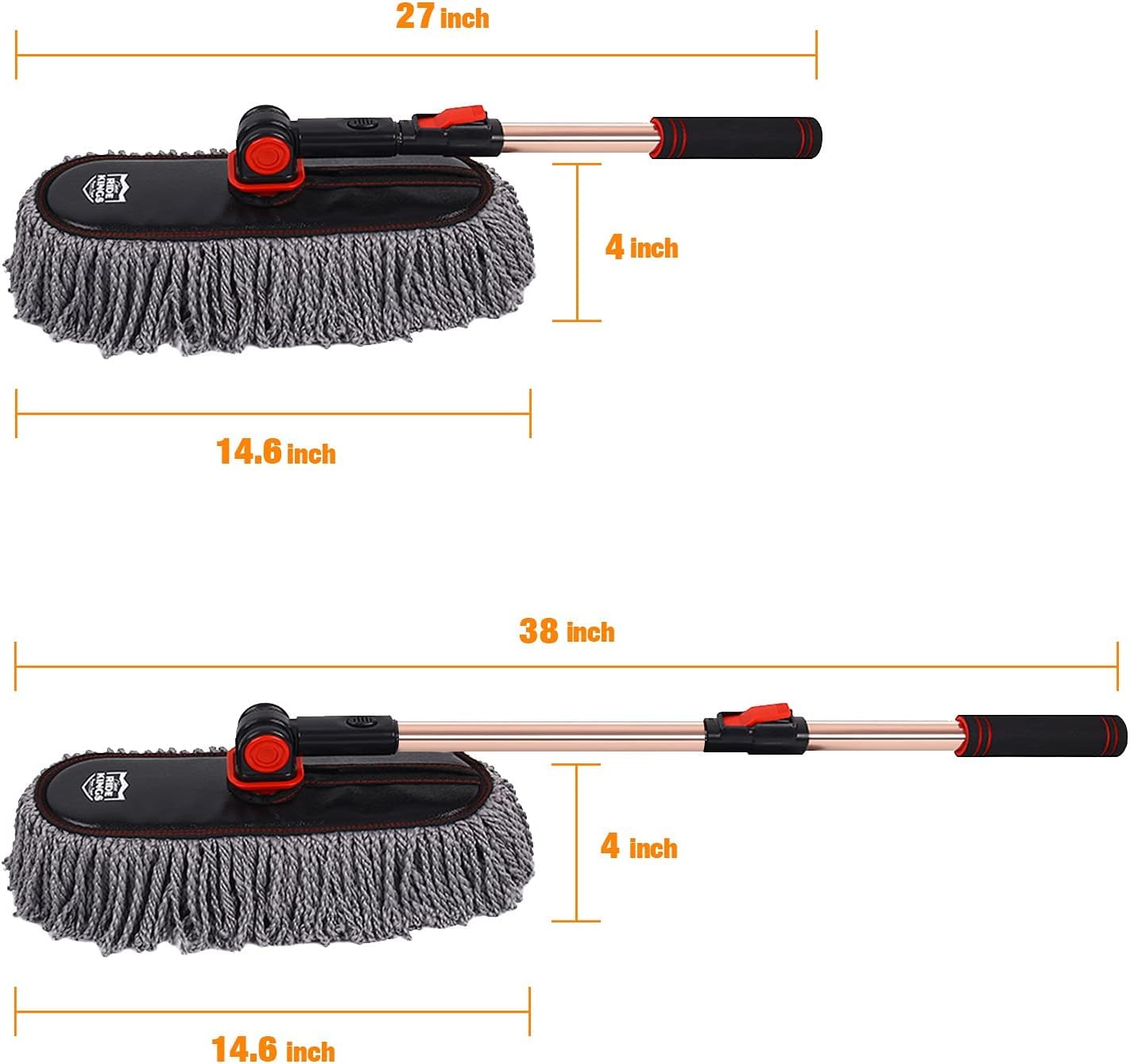 RIDE KINGS large mop head covers wide exterior surfaces for quick dusting.