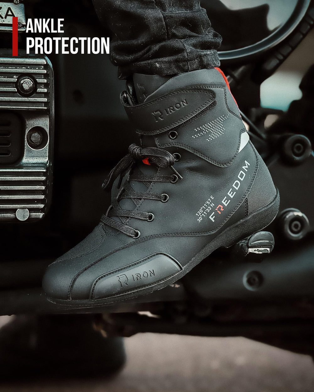 RideIron motorcycle shoes anti-slip outsole close-up for stable grip on wet surfaces